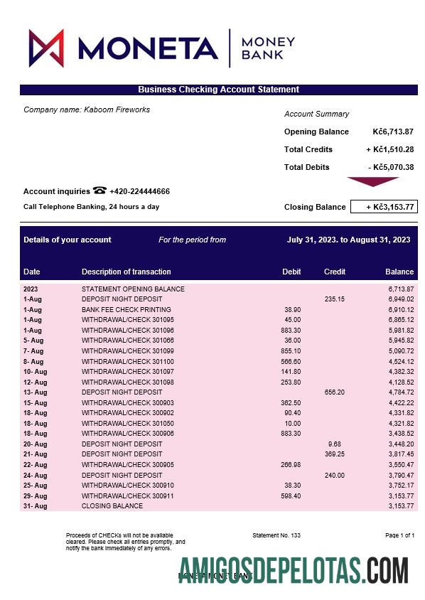 Em branco Moneta Money Bank Firm modelo de extrato de conta Word e PDF